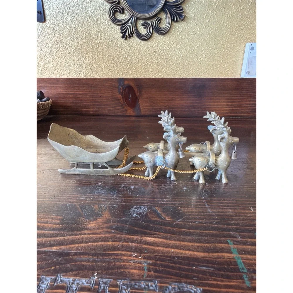 Vintage Brass Reindeer and Sleigh Christmas Centerpiece  Holiday Decor